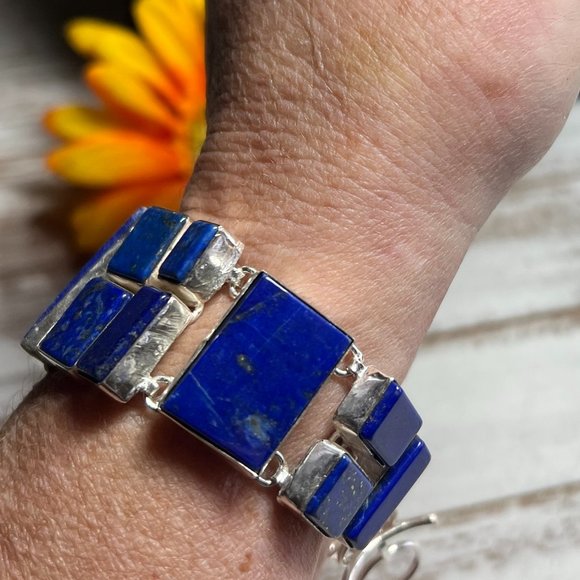 Lapis Lazuli Bracelet Handmade Stone Gemstone 925 Silver Large Ethnic Boho New! - Picture 10 of 15